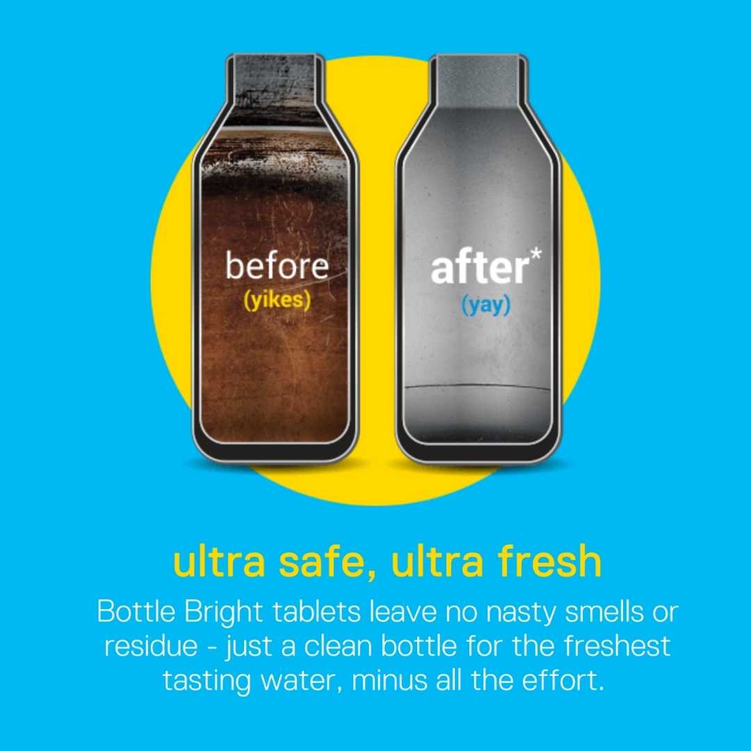 before (dirty) and after (clean) photos of a water bottle