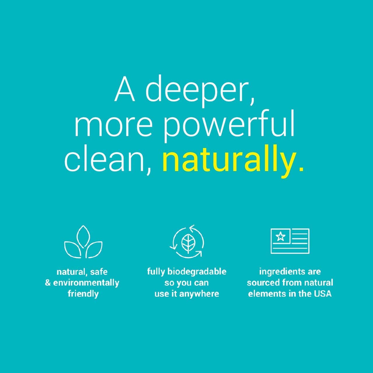 Message that says &quot;a deeper more powerful clean, naturally.&quot; (natural, safe, biodegradable), 