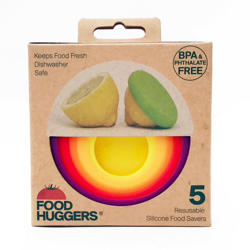 5 reusable silicone food savers in packaging, showing a lemon half with green food saver attached, colors include purple, red, orange, yellow