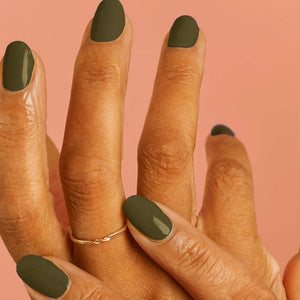 VEGAN, 21-Free, 77% plant-based nail polish, BKIND nail polish in La Route Verte, an olive green or khaki color