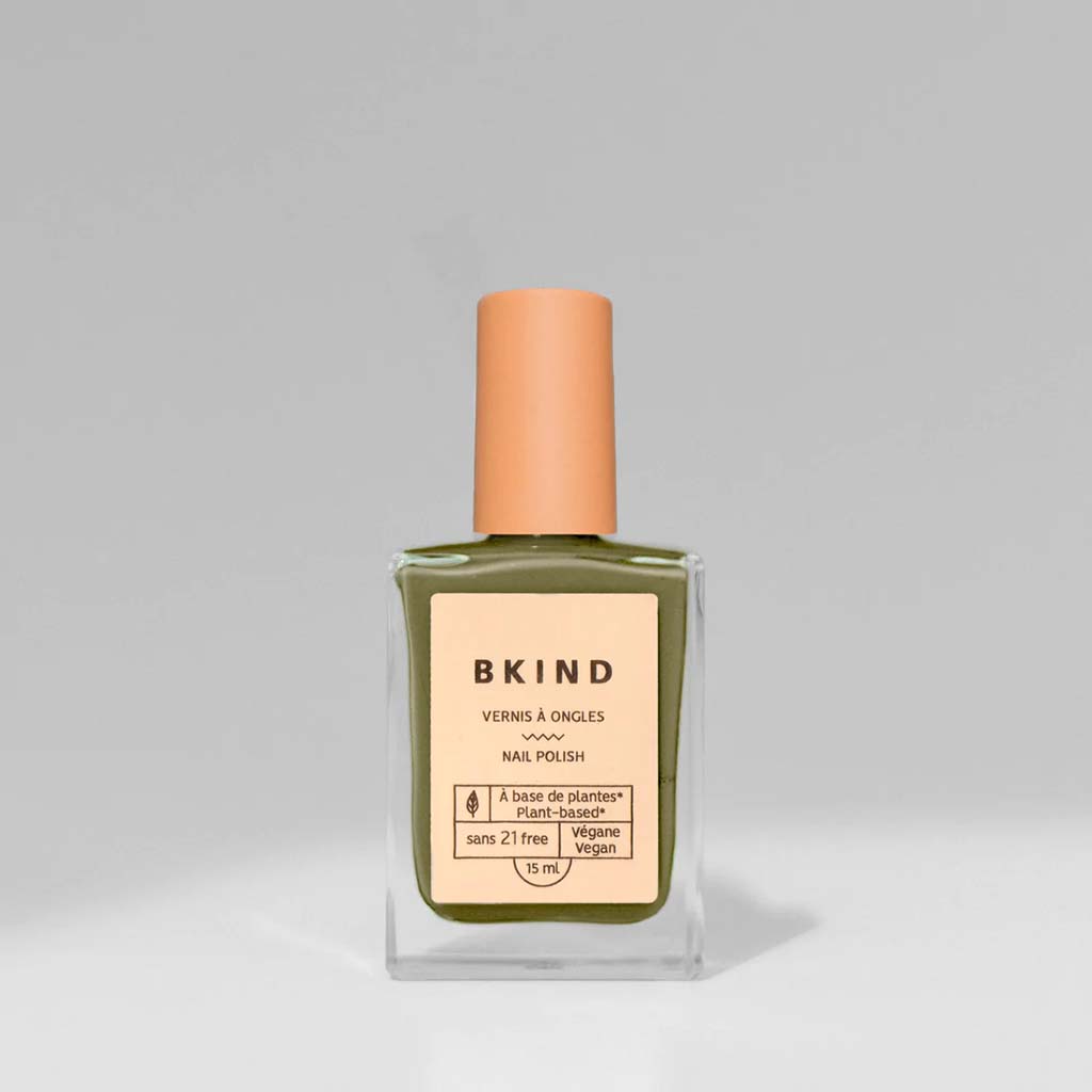 VEGAN, 21-Free, 77% plant-based nail polish, BKIND nail polish in La Route Verte, an olive green or khaki color