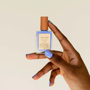 VEGAN, 21-Free, 77% plant-based nail polish, BKIND nail polish in Marco Polo, a shiny cornflower blue color