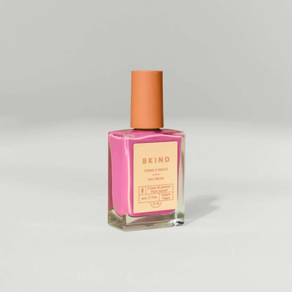 VEGAN, 21-Free, 77% plant-based nail polish, BKIND nail polish in Roar, a creamy Barbie pink color