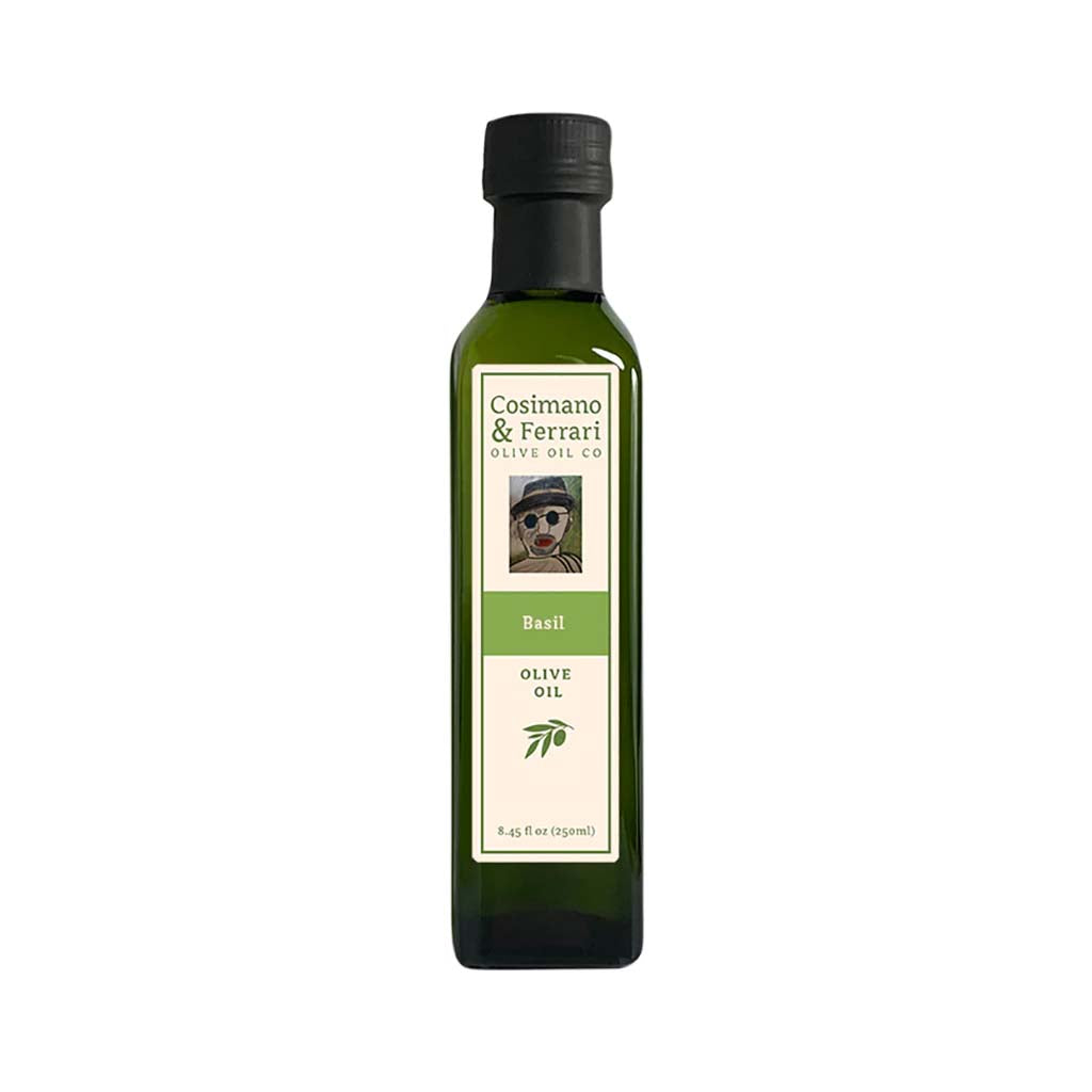 Cosimano &amp; Ferrari Olive Oil Co., 100% Pure Extra Virgin Olive Oil, with all natural Basil flavoring. 8.45 fl oz. Made in USA.