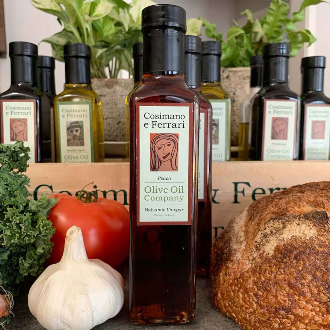 Cosimano & Ferrari's Peach Balsamic Vinegar, 8/45 fl oz. Sourced in Italy, made in USA.