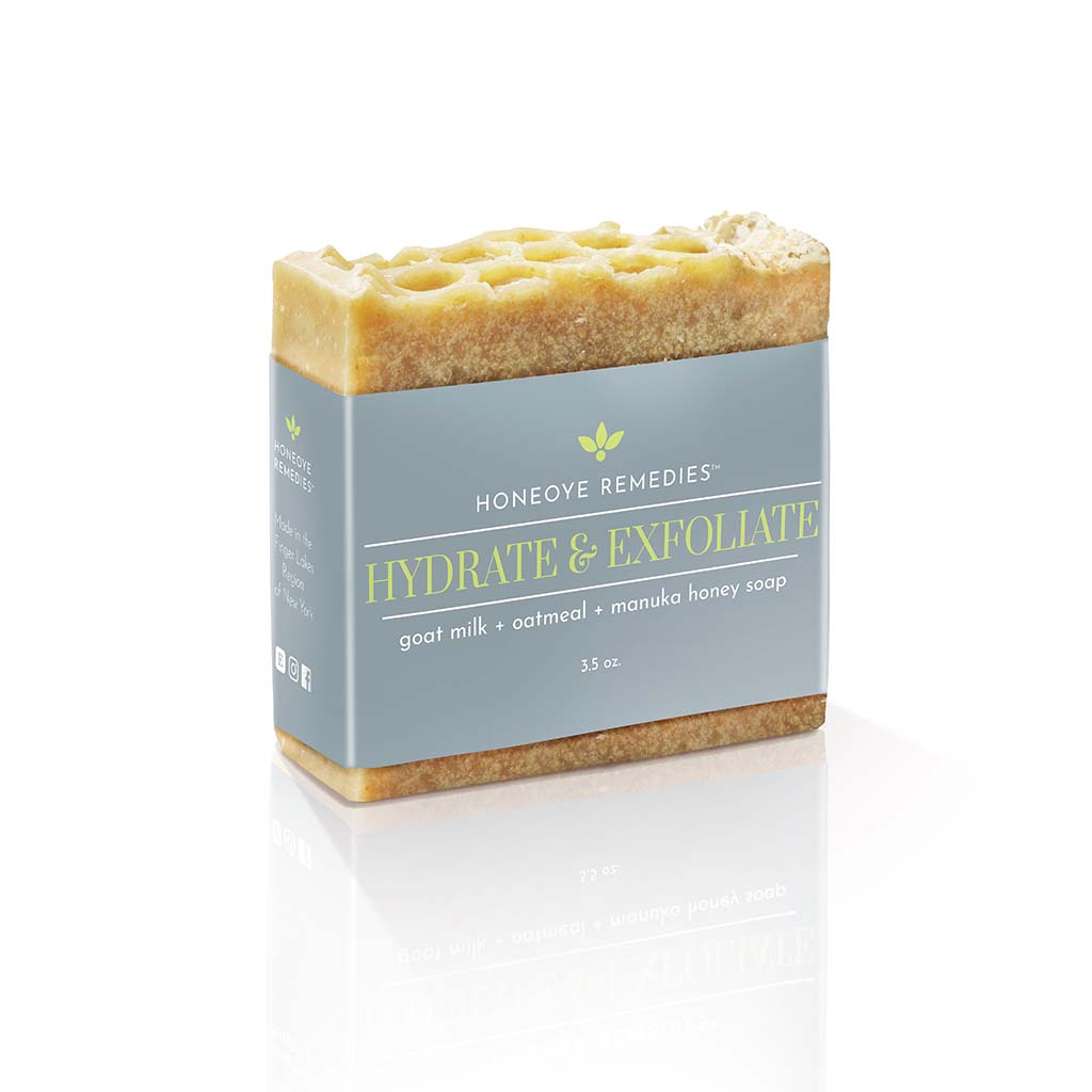 Honeoye Remedies® Hydrate & Exfoliate Goat Milk, Oatmeal, and Manuka Honey Bar Soap, 3.5oz. Made in USA.