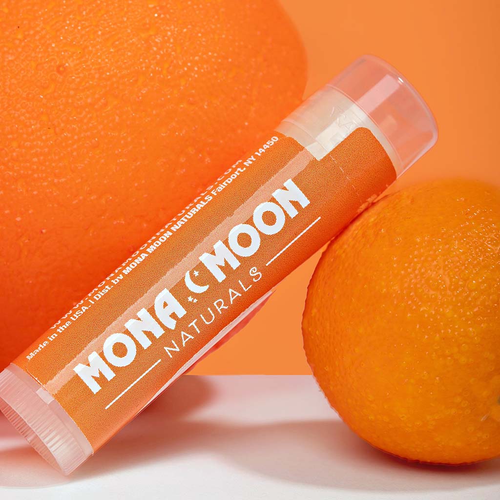 Mona Moon Naturals Lip Balm. Tangerine .15oz. Woman-owned company. Handmade in Rochester, NY.