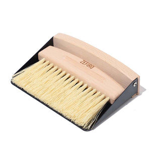 Zefiro mini sweep FSC certified beechwood mini broom with sisal bristles. Thin metal dustpan included. Set snaps together with small inset magnet. Woman owned business. 