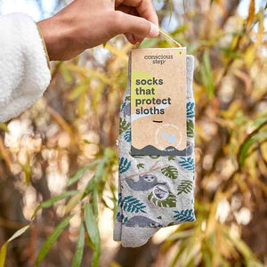 Grey crew socks with sloth pattern fair trade organic