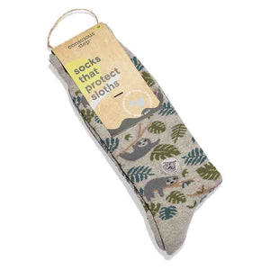 Grey crew socks with sloth pattern fair trade organic