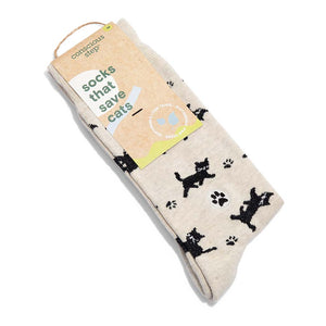 Conscious Step crew Socks That Save Cats beige-colored with black kitties and paw prints. Organic. Fair trade.