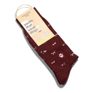 Burgundy crew socks with white dog pattern fair trade organic
