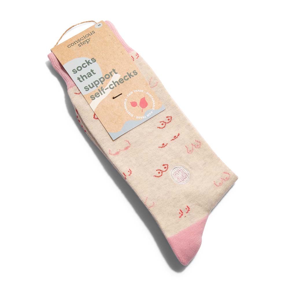 Conscious Step crew Socks That Support Self-Checks beige-colored with pink boobies. Organic. Fair trade.