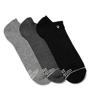 Conscious Step Ankle Socks that Save Dogs 3 Pairs black, dark gray, and medium gray. Fair Trade. Organic 