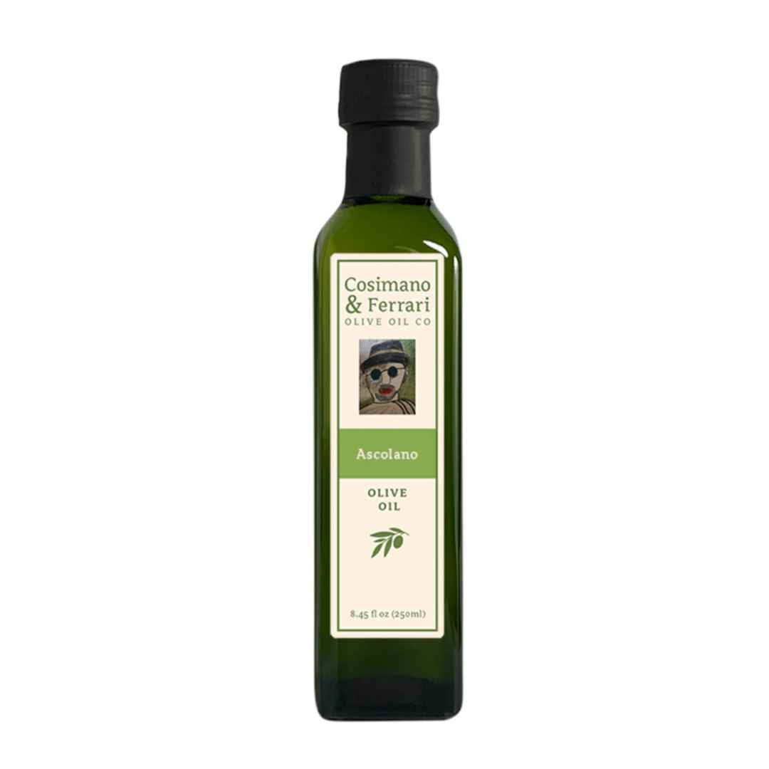Cosimano &amp; Ferrari Olive Oil Co., 100% Pure Extra Virgin Olive Oil, with all natural Ascolano flavoring. 8.45 fl oz. Made in USA.