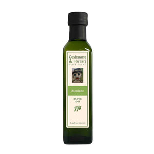 Cosimano & Ferrari Olive Oil Co., 100% Pure Extra Virgin Olive Oil, with all natural Ascolano flavoring. 8.45 fl oz. Made in USA.