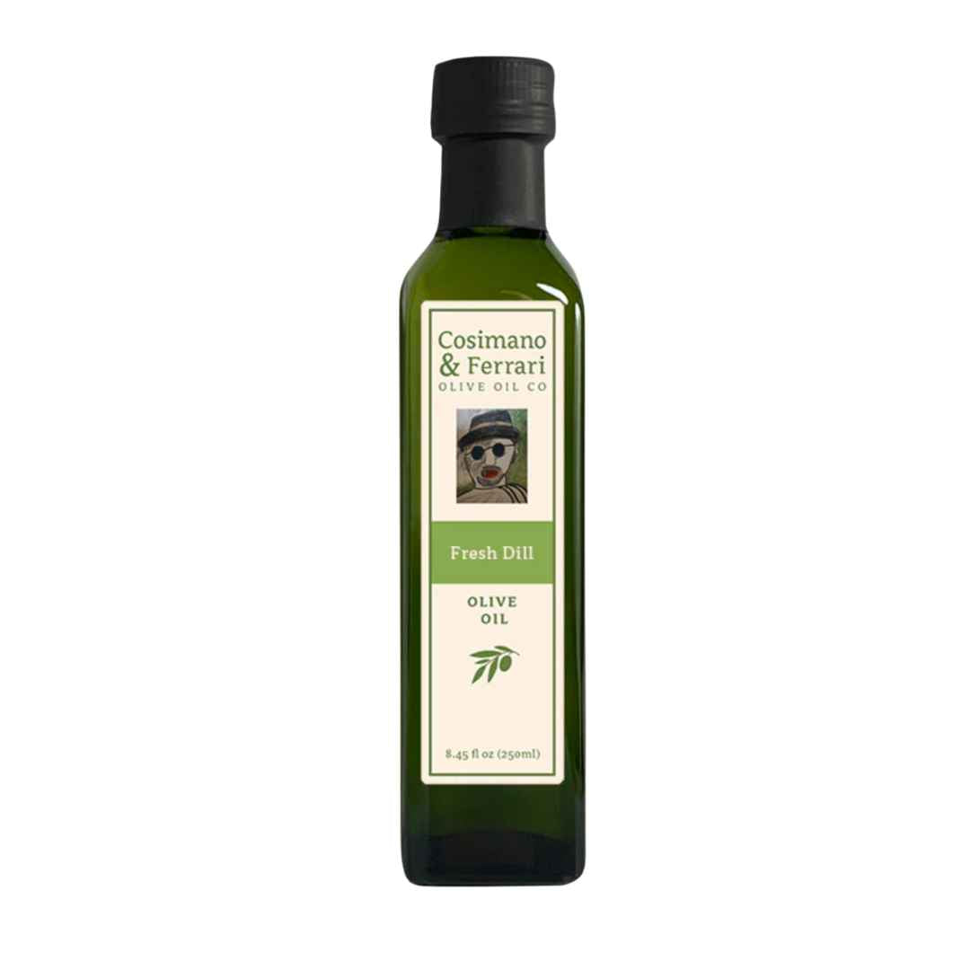  Cosimano &amp; Ferrari Olive Oil Co., 100% Pure Extra Virgin Olive Oil, with all natural Fresh Dill flavoring. 8.45 fl oz. Made in USA.