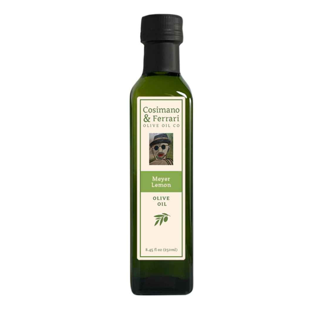 Cosimano & Ferrari Olive Oil Co., 100% Pure Extra Virgin Olive Oil, with all natural Meyer Lemon flavoring. 8.45 fl oz. Made in USA.