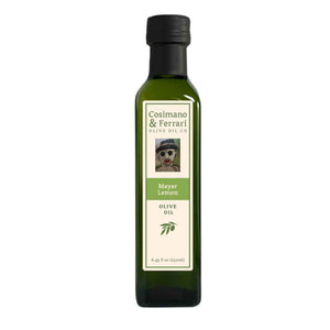 Cosimano & Ferrari Olive Oil Co., 100% Pure Extra Virgin Olive Oil, with all natural Meyer Lemon flavoring. 8.45 fl oz. Made in USA.