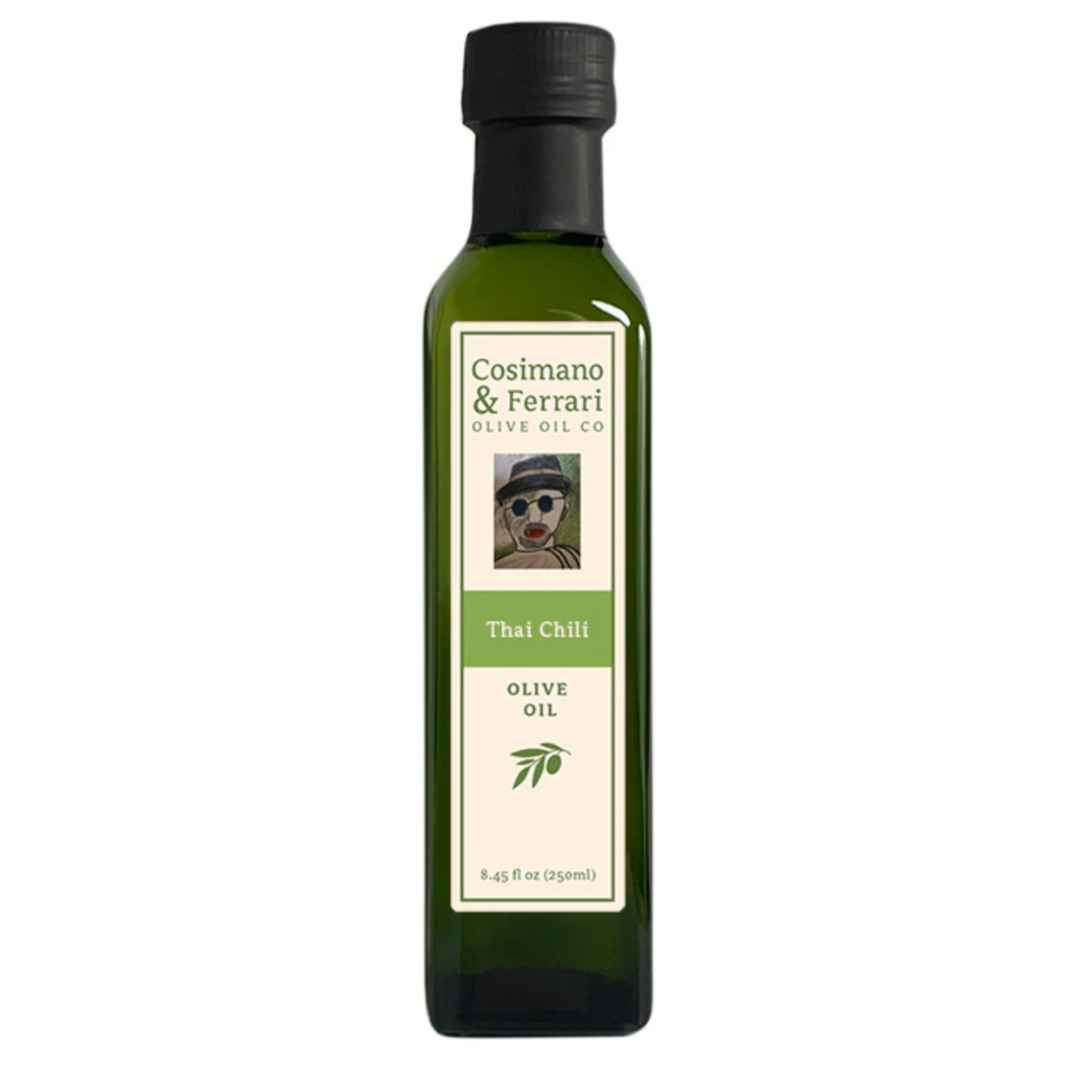 Cosimano &amp; Ferrari Olive Oil Co., 100% Pure Extra Virgin Olive Oil, with all natural Thai Chili flavoring. 8.45 fl oz. Made in USA.