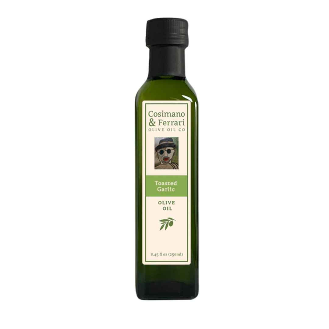  Cosimano &amp; Ferrari Olive Oil Co., 100% Pure Extra Virgin Olive Oil, with all natural Toasted Garlic flavoring. 8.45 fl oz. Made in USA.