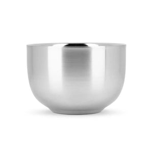 Brushed stainless steel shave soap bowl on white background