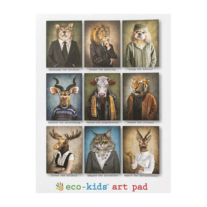 Eco-Kids art pad. 50 blank pages. 30% recycled paper. Cover printed with vegetable-based ink. 9" x 12" with .25" spine. Front cover features whimsical animal illustrations. Back cover features inspiring quotes. Made in USA.  