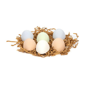 Eco-kids Hopscotch Chalk eggs, safe, non-toxic, washable, kit includes 6 pieces of half-egg shaped chalk in various pastel colors. Packed in post-consumer recycled egg carton. Made in USA. 