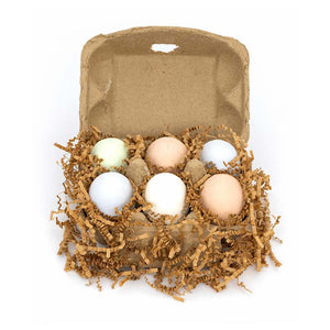 Eco-kids Hopscotch Chalk eggs, safe, non-toxic, washable, kit includes 6 pieces of half-egg shaped chalk in various pastel colors. Packed in post-consumer recycled egg carton. Made in USA. 