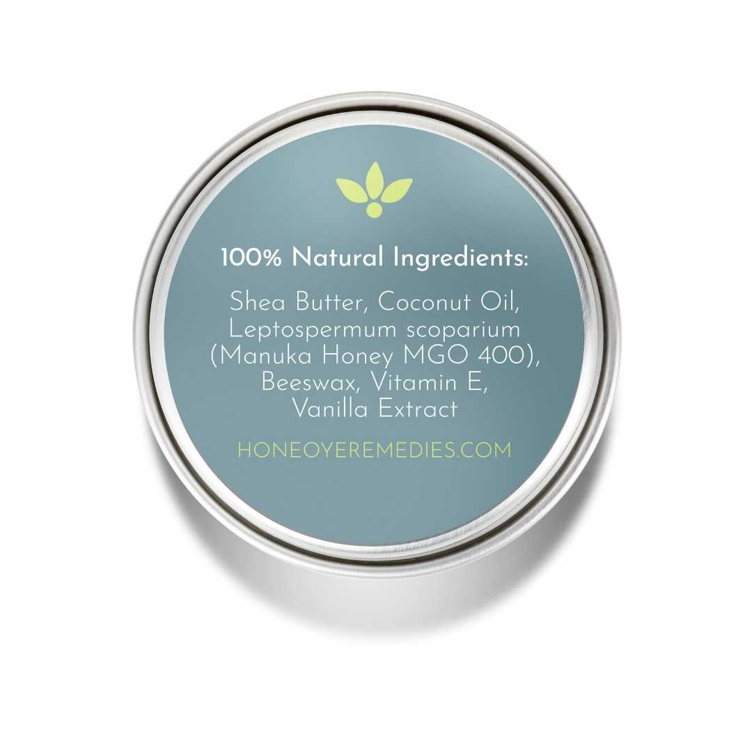 back side of 100% natural lip balm in a tin  on white background