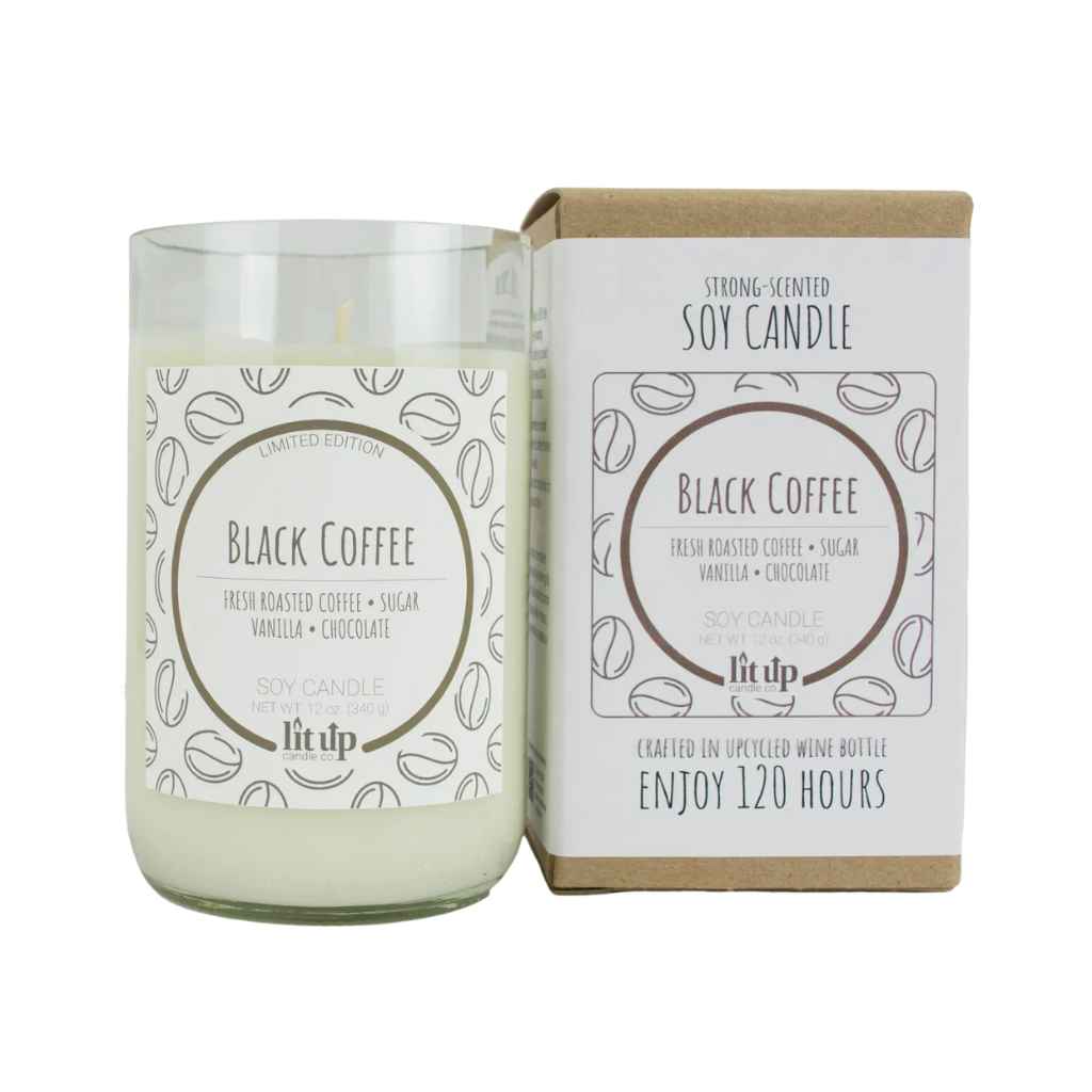 100% All-natural soy candle with hemp wick in tin with lid, Black Coffee scent by Lit Up Candle Co, dark roasted coffee beans and rich sweet chocolate. Soy wax, non-toxic, hand crafted candles made in USA. 12oz upcycled wine bottle container.