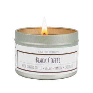 100% All-natural soy candle with hemp wick in tin with lid, Black Coffee scent by Lit Up Candle Co, dark roasted coffee beans and rich sweet chocolate. Soy wax, non-toxic, hand crafted candles made in USA. 3oz recyclable tin jar with lid.