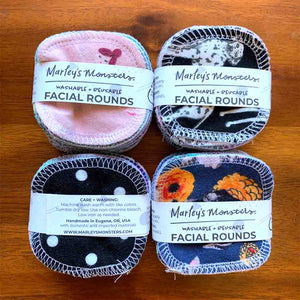 Marley's Monsters Reusable Facial Rounds -100% Cotton, four 10-packs shown with labels--What's Good