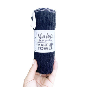 Marley's Monsters Black Makeup Towel. 100% soft cotton chenille. Double layer sewn together on three sides, functions as a mitt over your hand. 11" x 13". Made in USA