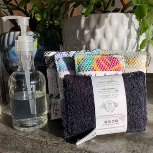 Marley's Monsters Eco-friendly Sponges, plastic-free reusable sponges, washable sponges shown on a counter for scale