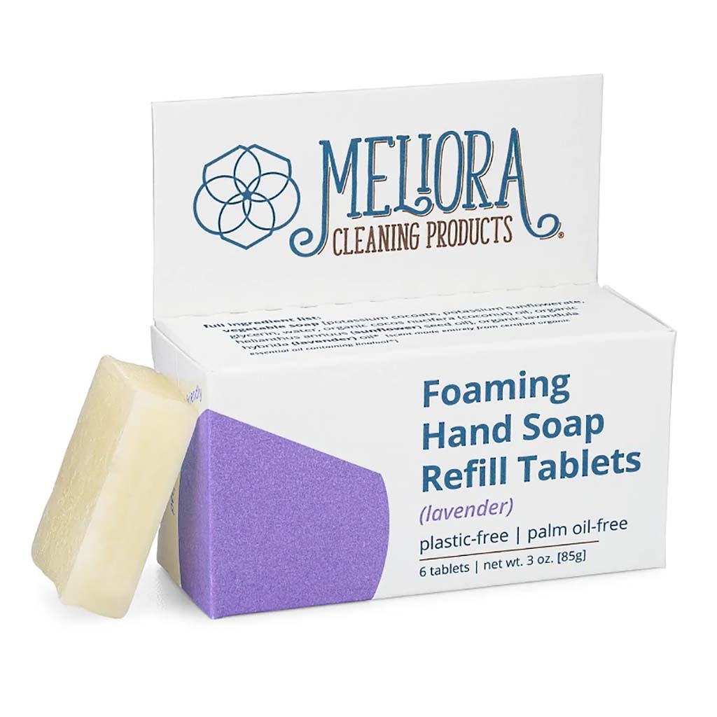 Meliora Foaming Hand Soap Refill Tablets. Plastic-free, dye-free, preservative-free, palm oil-free, cruelty-free, synthetic frangrance-free. Made in the USA in Chicago, IL. 6 tablets. Net wt. 3 oz. Makes up to 9 oz. of foaming hand soap.