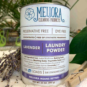 Meliora Laundry Powder container with lavender swag and clothespin