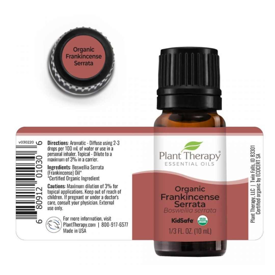 organic frankincense serrata bottle with front and back label on white background