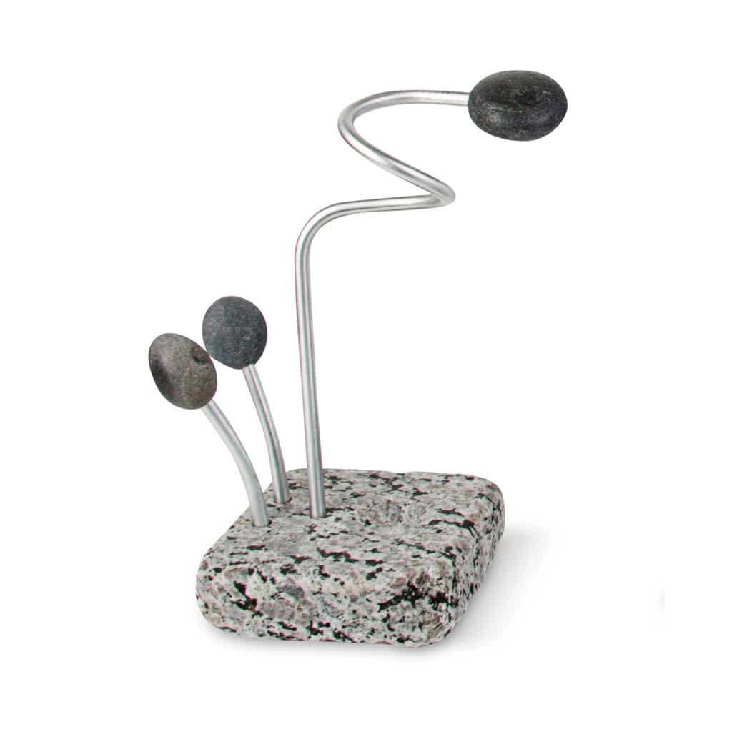 Sea Stone Reclaimed Granite Sponge & Brush Holder Combo. Reclaimed granite, brushed aluminum & hand collected smooth beach stone. 4" wide 4" deep 7.5" tall.