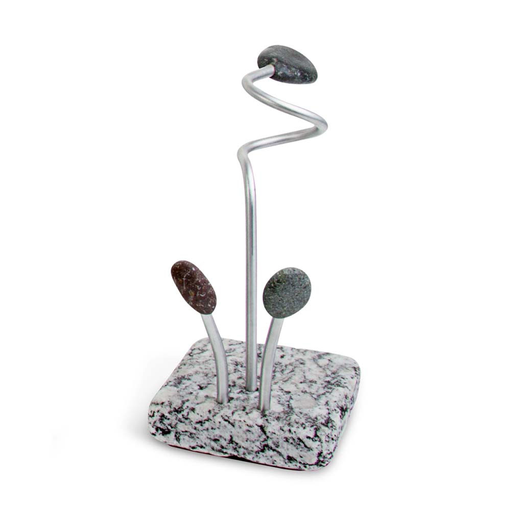 Sea Stone Reclaimed Granite Sponge & Brush Holder Combo. Reclaimed granite, brushed aluminum & hand collected smooth beach stone. 4" wide 4" deep 7.5" tall.
