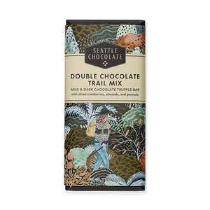 Seattle Chocolate Double Chocolate Trail Mix milk and dark chocolate truffle bar with dried cranberries, almonds, and peanuts. 2.5 oz. Kosher. Woman-owned business. Made in USA