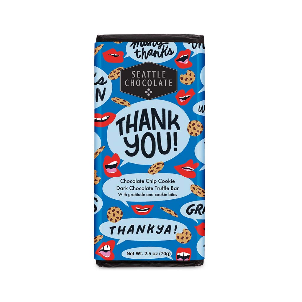 Seattle Chocolate Company, Thank You! Chocolate Chip Cookie Dark Chocolate Truffle Bar with chocolate chip cookie pieces. 2.5oz. Rainforest Alliance Certified Cacao. Non GMO. Vegan.