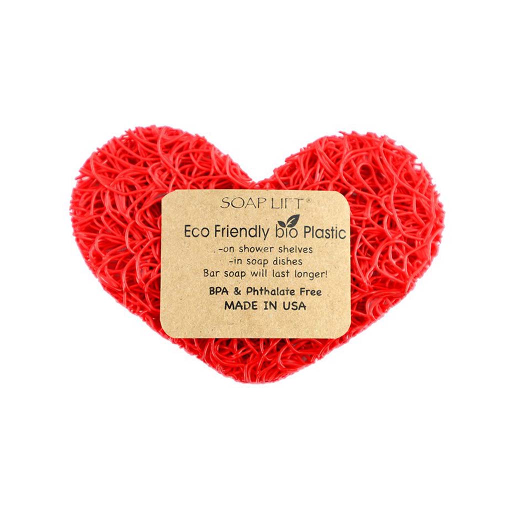 Red Heart Soap Lift. 4.25&quot; w x 2.25&quot; h x .25&quot; d. Eco Friendly Bio Plastic. Made in USA. BPA &amp; Phthalate Free.