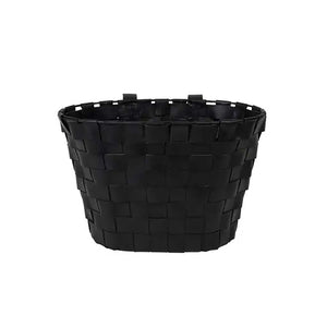 Bike basket made from recycled tire rubber on an iron frame. Features three adjustable straps on the back with stainless steel buckles in a brass finish to attach to handlebars. 12" l x 8" w x 9" h. Handcrafted in India.