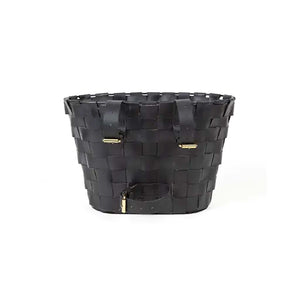 Bike basket made from recycled tire rubber on an iron frame. Features three adjustable straps on the back with stainless steel buckles in a brass finish to attach to handlebars. 12" l x 8" w x 9" h. Handcrafted in India.