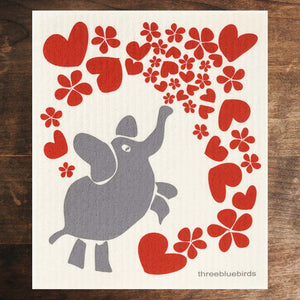 White Swedish Dishcloth Gray Elephant with Red Hearts and Flowers Pattern Front Side Eco-Friendly