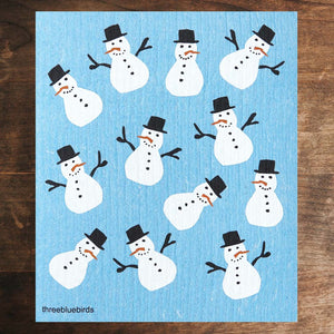 Blue Swedish Dishcloth with white snowman Pattern Front Side Eco-Friendly