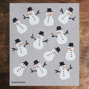 Grey Swedish Dishcloth with white snowman Pattern Front Side Eco-Friendly