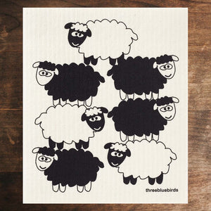 White Swedish Dishcloth with Large Black and White Sheep Front Side Eco-Friendly