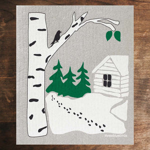 Grey Swedish Dishcloth with white snowy woods and cabin scene Front Side Eco-Friendly